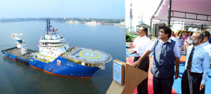 The Union Minister for Road Transport & Highways and Shipping, Shri Nitin Gadkari dedicates to the Nation the buoy tender vessel Indira Point built by the Cochin Shipyard Limited for Directorate General Lighthouses and Lightships, in Cochin on April 10, 2015.