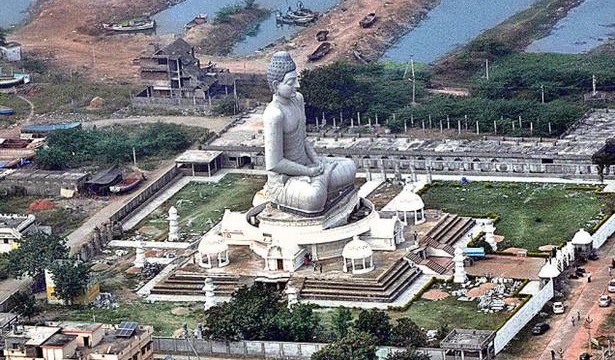 An aerial view of the Vijayawada-Guntur region where Amaravati - the historical Buddhist site along the Krishna River - is located.