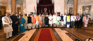 The President, Shri Pranab Mukherjee, the Vice President, Shri M. Hamid Ansari and the Prime Minister, Shri Narendra Modi with the newly inducted Ministers after a Swearing-in Ceremony, at Rashtrapati Bhavan, in New Delhi on July 05, 2016.