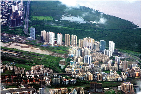 A city skyline with ample green spaces